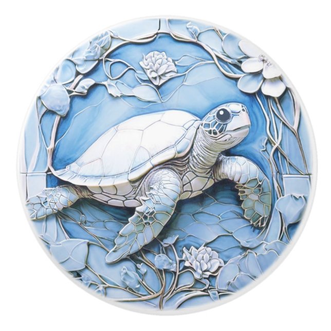 Sea Turtle Art Nouveau Faux Relief Blue Ocean Life Ceramic Knob (Front)