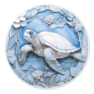 Sea Turtle Art Nouveau Faux Relief Blue Ocean Life Ceramic Knob