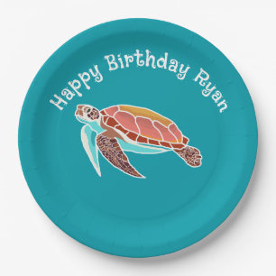 Sea Turtle Art Teal Blue Paper Plate