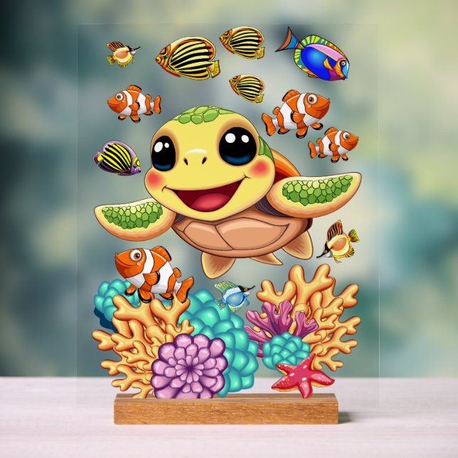 Sea Turtle Baby Happy and Cute Character Acrylic Sign (Neutral)