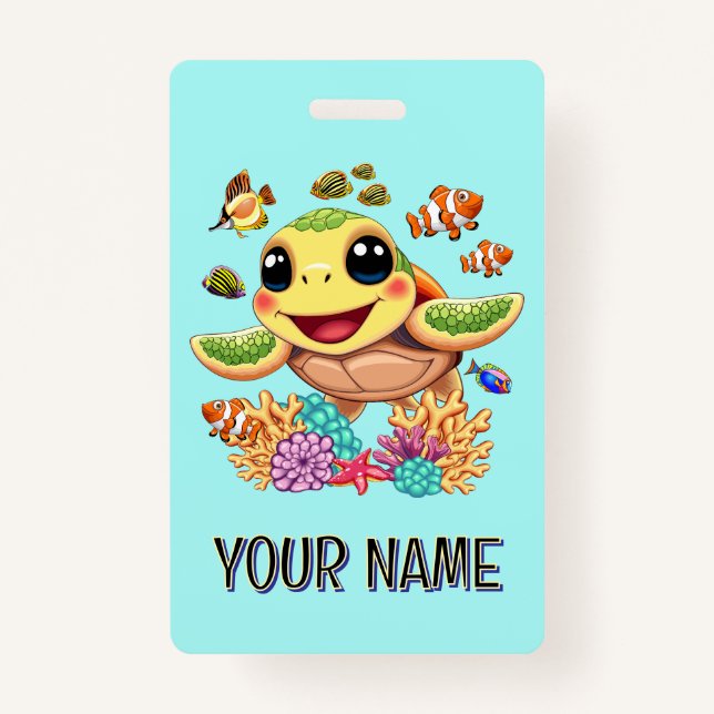 Sea Turtle Baby Happy and Cute Character Badge (Front)