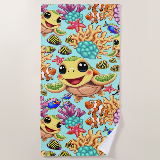 Sea Turtle Baby Happy and Cute Character Beach Towel (Front)