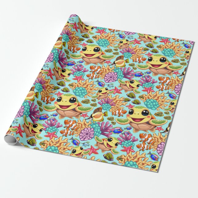Sea Turtle Baby Happy and Cute Character Bumper St Wrapping Paper (Unrolled)