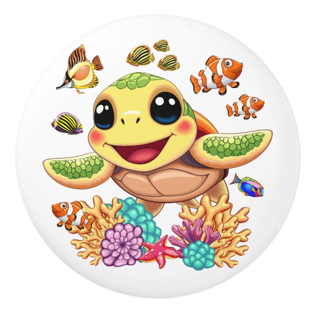 Sea Turtle Baby Happy and Cute Character Ceramic Knob (Front)
