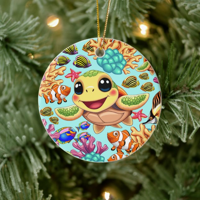 Sea Turtle Baby Happy and Cute Character Ceramic Ornament (Tree)