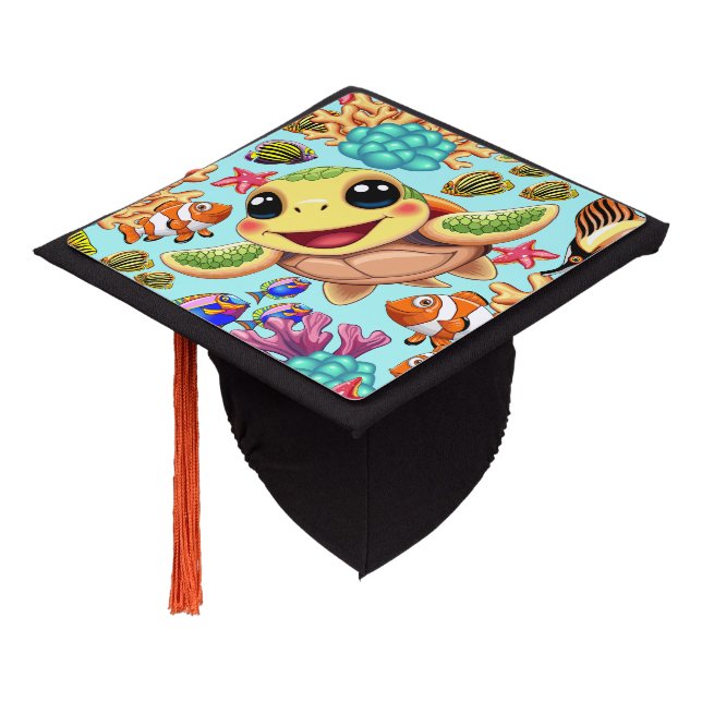 Sea Turtle Baby Happy and Cute Character Graduation Cap Topper (Angled)