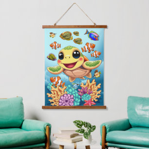 Sea Turtle Baby Happy and Cute Character Hanging Tapestry