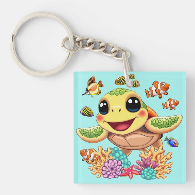 Sea Turtle Baby Happy and Cute Character Keychain (Front)