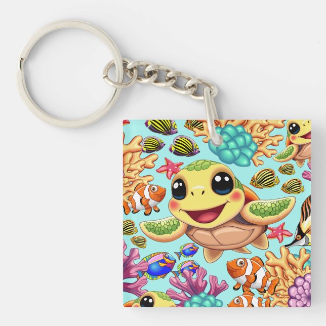 Sea Turtle Baby Happy and Cute Character Keychain (Front)