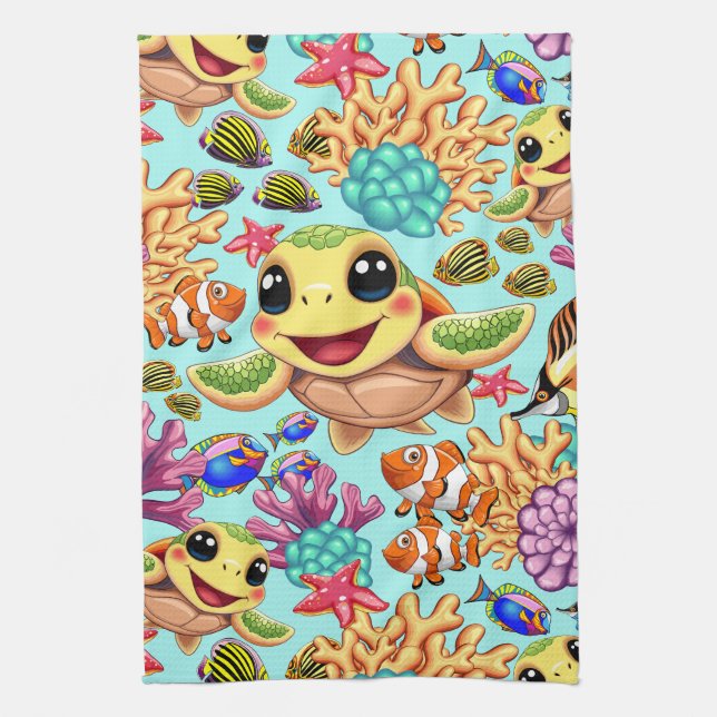 Sea Turtle Baby Happy and Cute Character Kitchen Towel (Vertical)