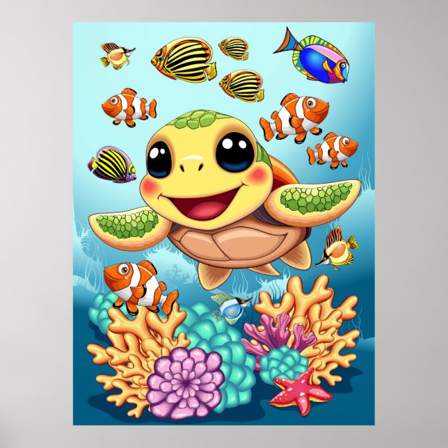 Sea Turtle Baby Happy and Cute Character Poster (Front)