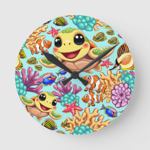 Sea Turtle Baby Happy and Cute Character Round Clock