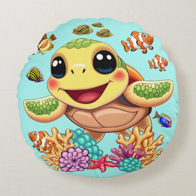 Sea Turtle Baby Happy and Cute Character Round Pillow (Front)