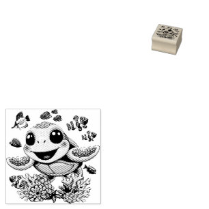 Sea Turtle Baby Happy and Cute Character Rubber Stamp