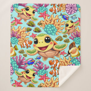 Sea Turtle Baby Happy and Cute Character Sherpa Blanket