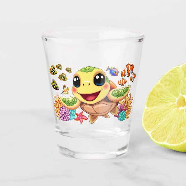 Sea Turtle Baby Happy and Cute Character Shot Glass (Front)
