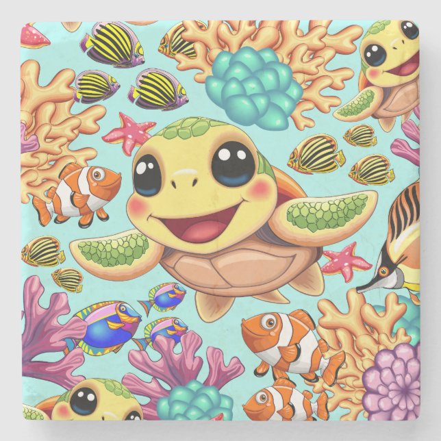 Sea Turtle Baby Happy and Cute Character Stone Coaster (Front)