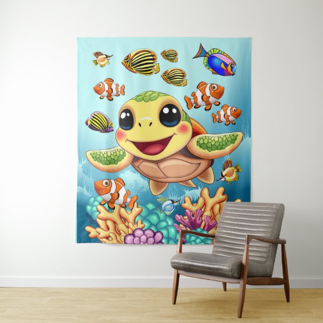 Sea Turtle Baby Happy and Cute Character Tapestry (In Situ)