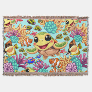 Sea Turtle Baby Happy and Cute Character Throw Blanket