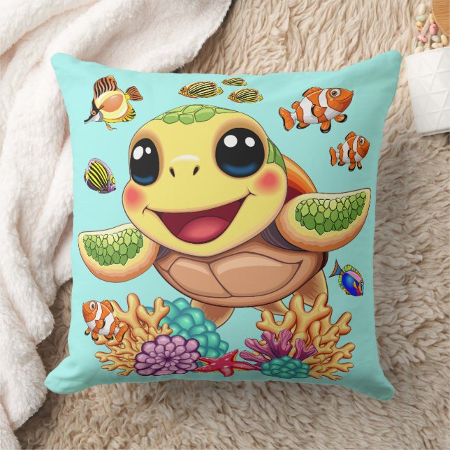 Sea Turtle Baby Happy and Cute Character Throw Pillow (Blanket)