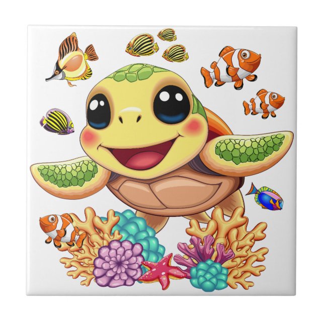Sea Turtle Baby Happy and Cute Character Tile (Front)