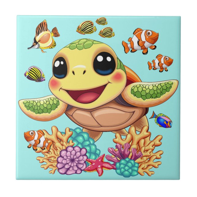 Sea Turtle Baby Happy and Cute Character Tile (Front)