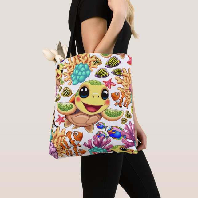 Sea Turtle Baby Happy and Cute Character Tote Bag (Close Up)