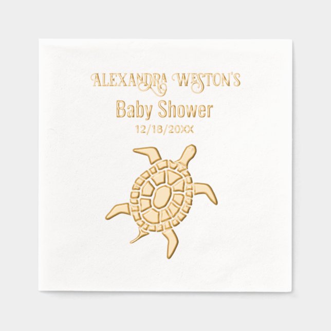Sea Turtle Baby Shower Celebration Name Date Foil Napkins (Front)