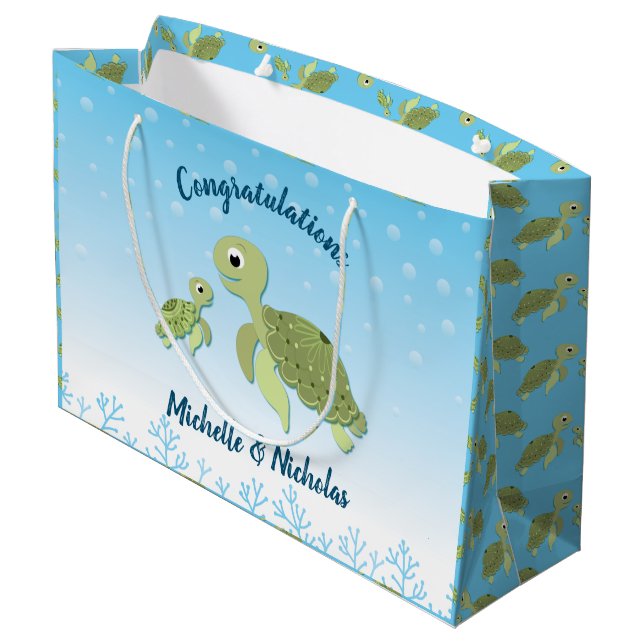 Sea Turtle Baby Shower Co-Ed Gender Neutral Large Gift Bag (Back Angled)