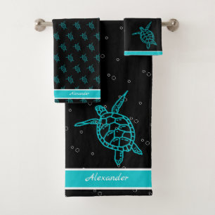 Sea Turtle Bathroom Black Teal White Nautical Bath Towel Set