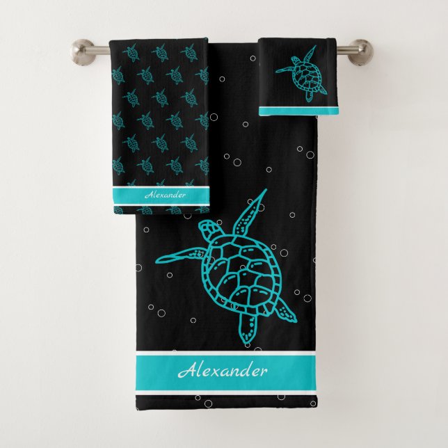 Sea Turtle Bathroom Black Teal White Nautical  Bath Towel Set (Insitu)