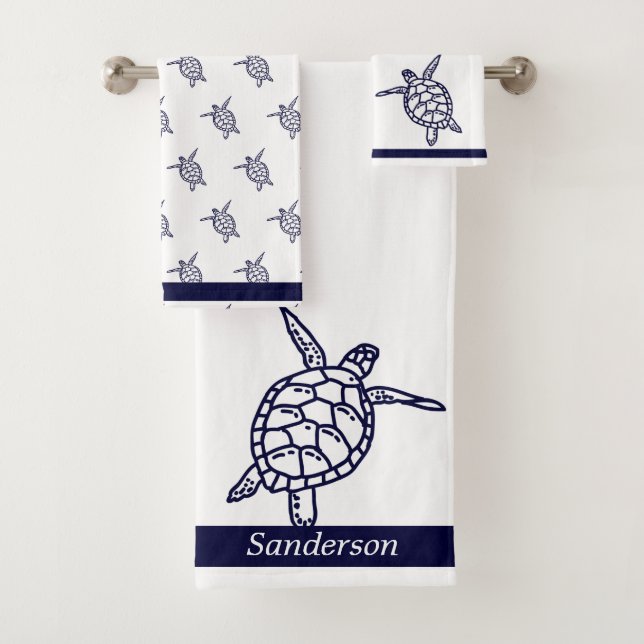 Sea Turtle Bathroom Navy Blue and White Bath Towel (Insitu)