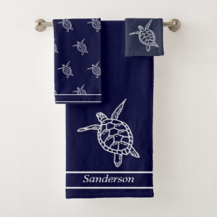 Sea Turtle Bathroom Navy Blue and White Bath Towel