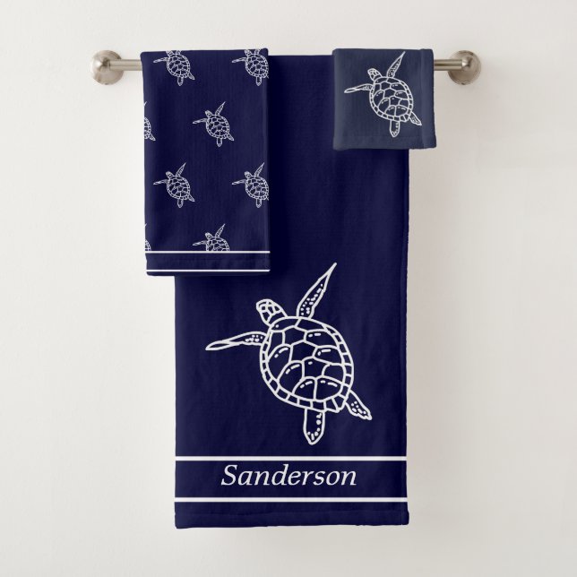 Sea Turtle Bathroom Navy Blue and White Bath Towel (Insitu)