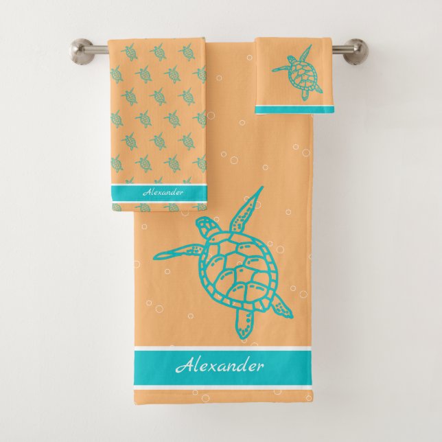 Sea Turtle Bathroom Peach Teal Blue white  Bath Towel Set (Insitu)