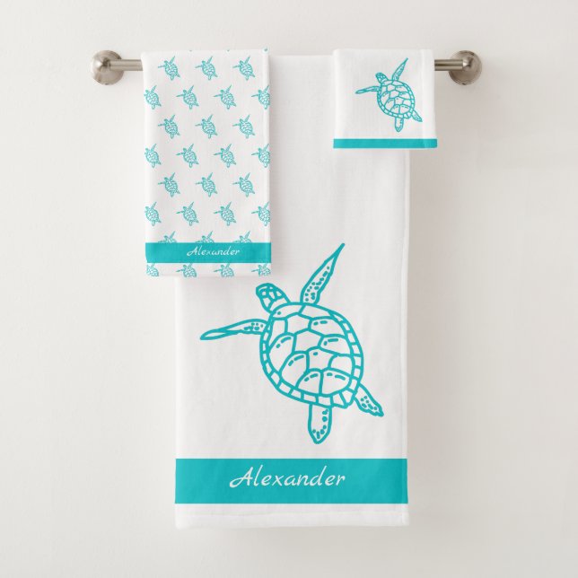 Sea Turtle Bathroom Teal White Nautical Bath Towel (Insitu)
