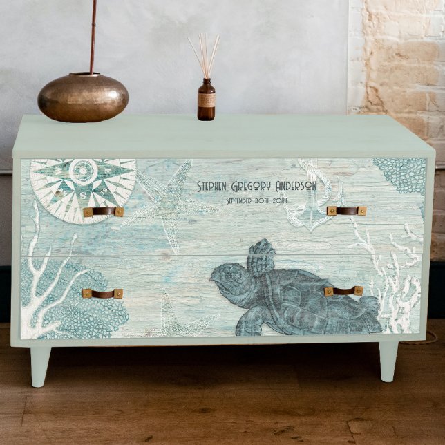 Sea Turtle Beach Blue White Wood Decoupage Name Tissue Paper (Creator Uploaded)