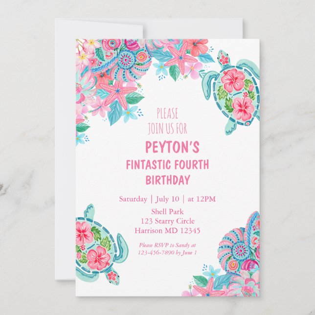 Sea Turtle Beach Fourth Birthday Invitation (Front)
