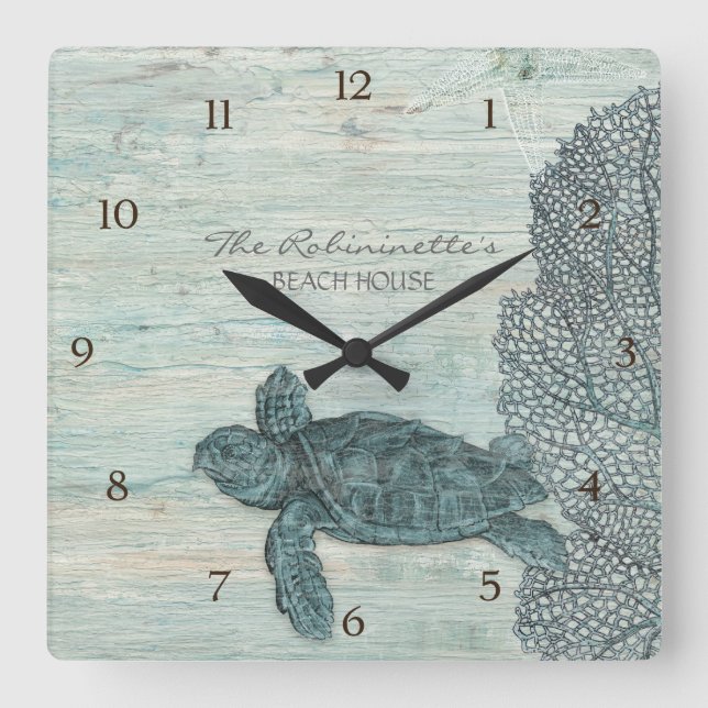 Sea Turtle Beach House Driftwood Coastal Seashore Square Wall Clock (Front)