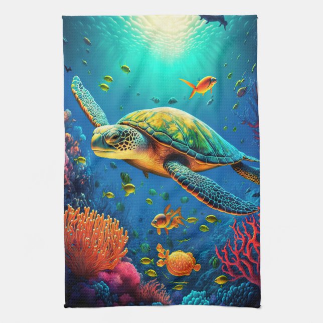 Sea Turtle Beach House Ocean Marine Life Animals Kitchen Towel (Vertical)