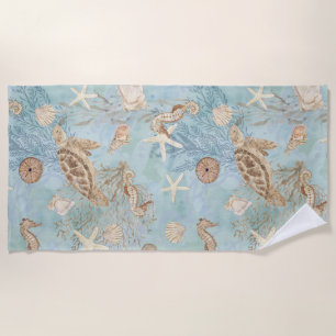 Sea Turtle Beach Ocean Seahorse Shells Starfish Towel