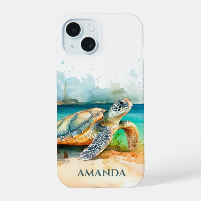 Sea Turtle Beach watercolor iPhone 15 Case (Back)