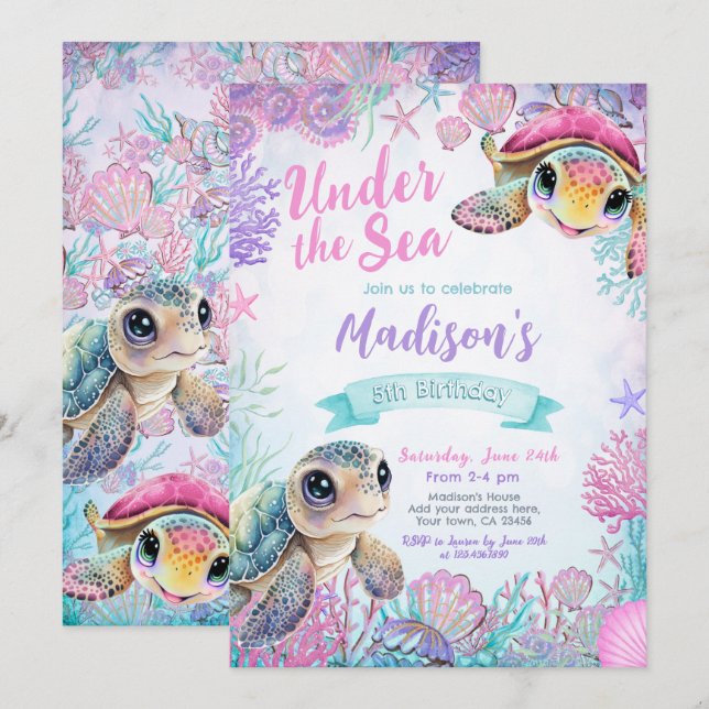 Sea Turtle Birthday Invitation (Front/Back)