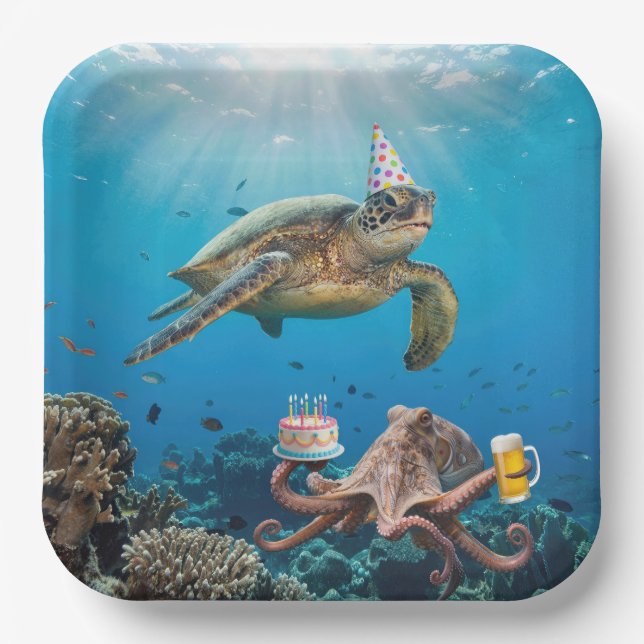 Sea Turtle Birthday Party with Octopus Paper Plate (Front)