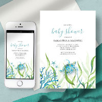Sea Turtle Blue and Green Baby Shower Invitation
