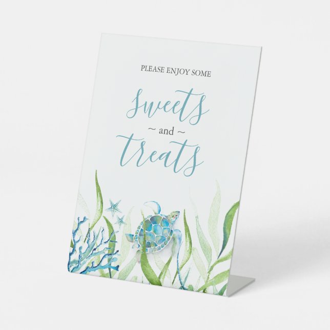 Sea Turtle Blue and Green Dessert Tabletop Sign (Front)