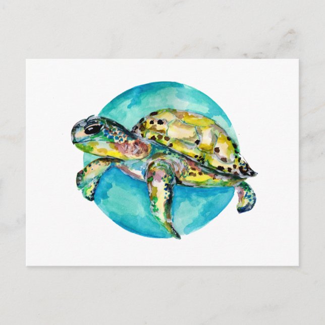 Sea Turtle Blue Circle Watercolor Postcard (Front)