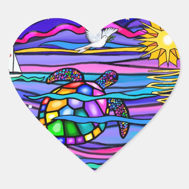 Sea Turtle (blue / pink) Heart Sticker (Front)