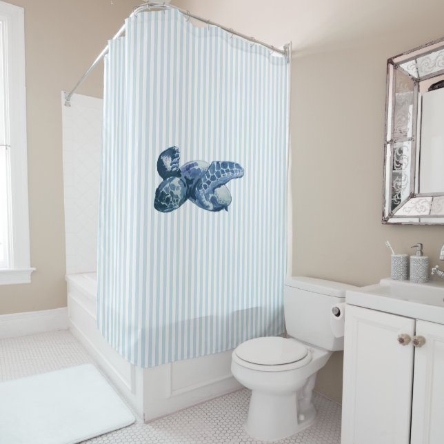 Sea Turtle Blue Stripe Coastal Shower Curtain (In Situ)