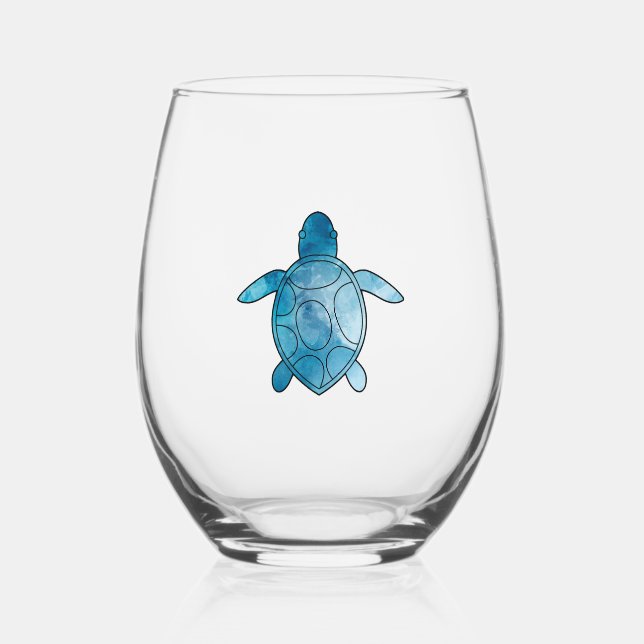 Sea Turtle blue watercolor Stemless Wine Glass (Front)